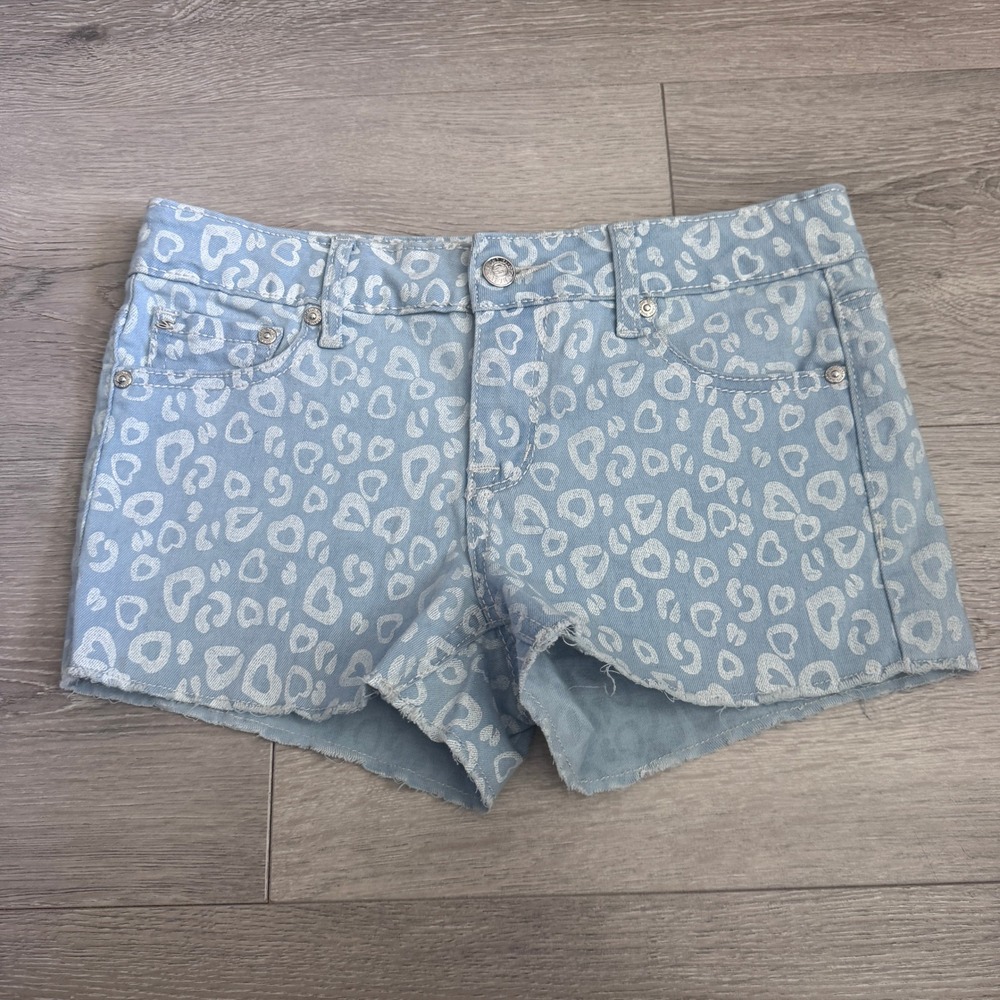 Seven7 Girls Blue Leopard Heart Print Denim Cut Off Shorts Size 12‎ Adjustable